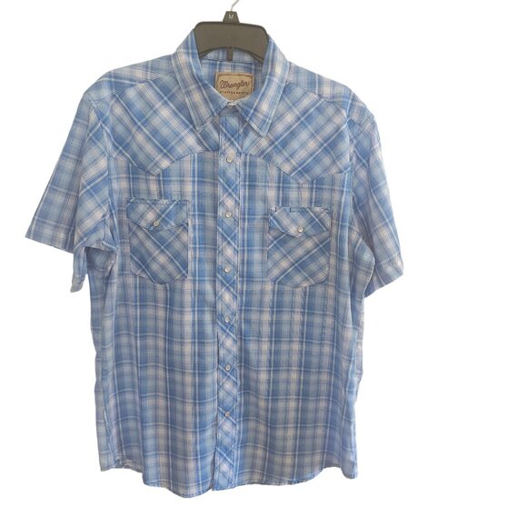 Large Wrangler Mens Western Blue Plaid Short Sleeve Shirt Pearl Snap Buttons - Picture 1 of 12